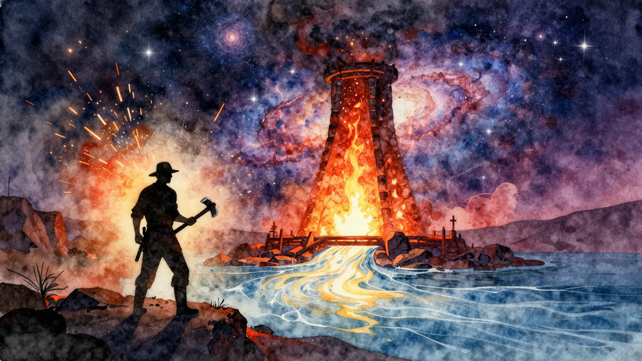 Watercolor style. A silhouette of a blacksmith with a hammer...