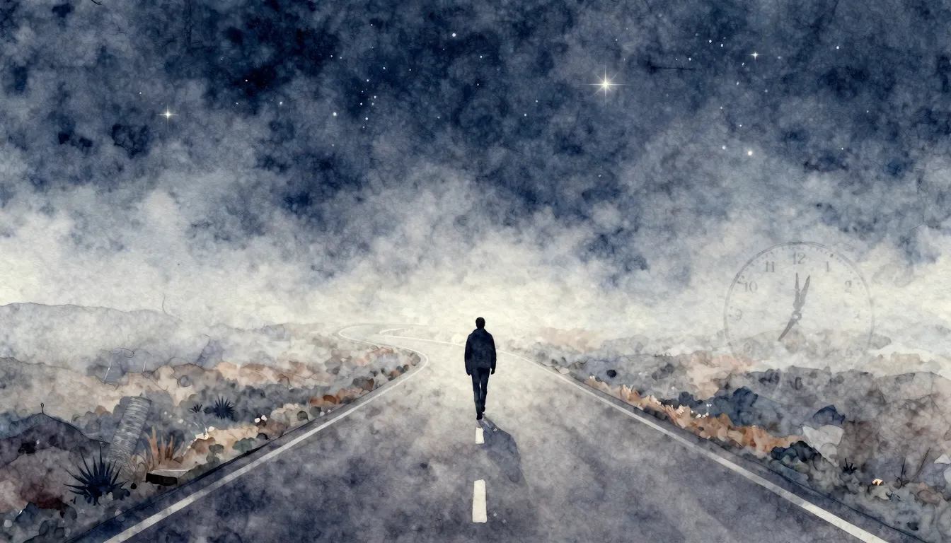 Watercolor style. Winding road disappearing into a misty hor...