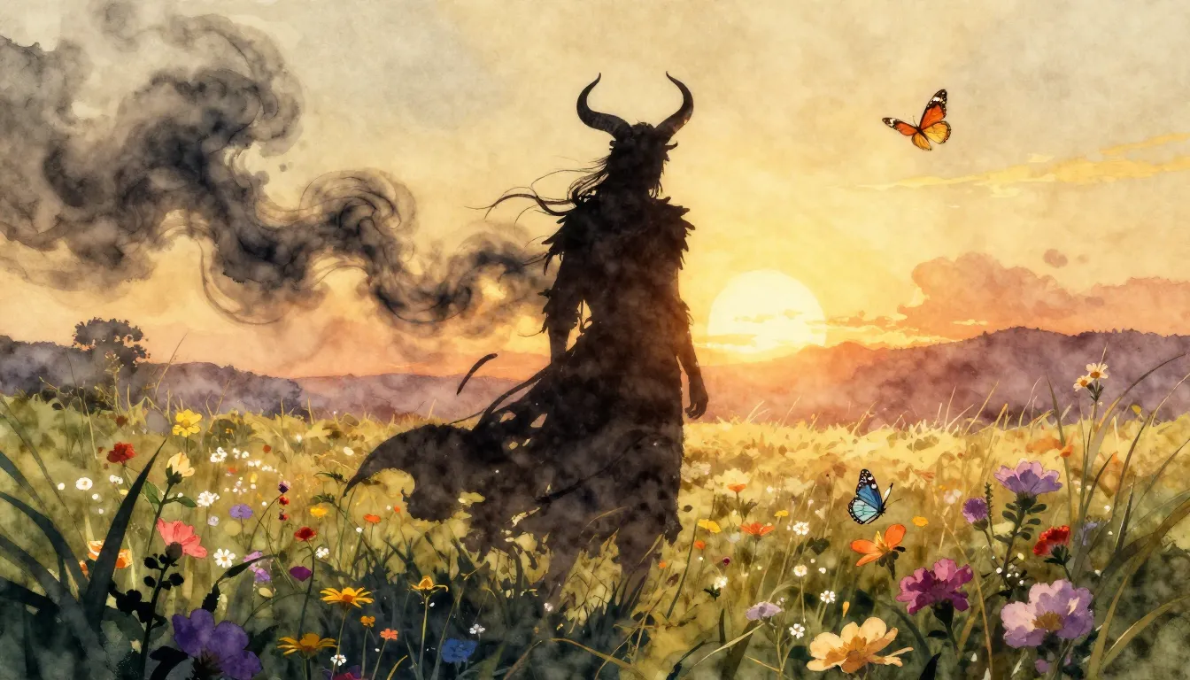 Watercolor style. A dark silhouette of a horned figure stand...