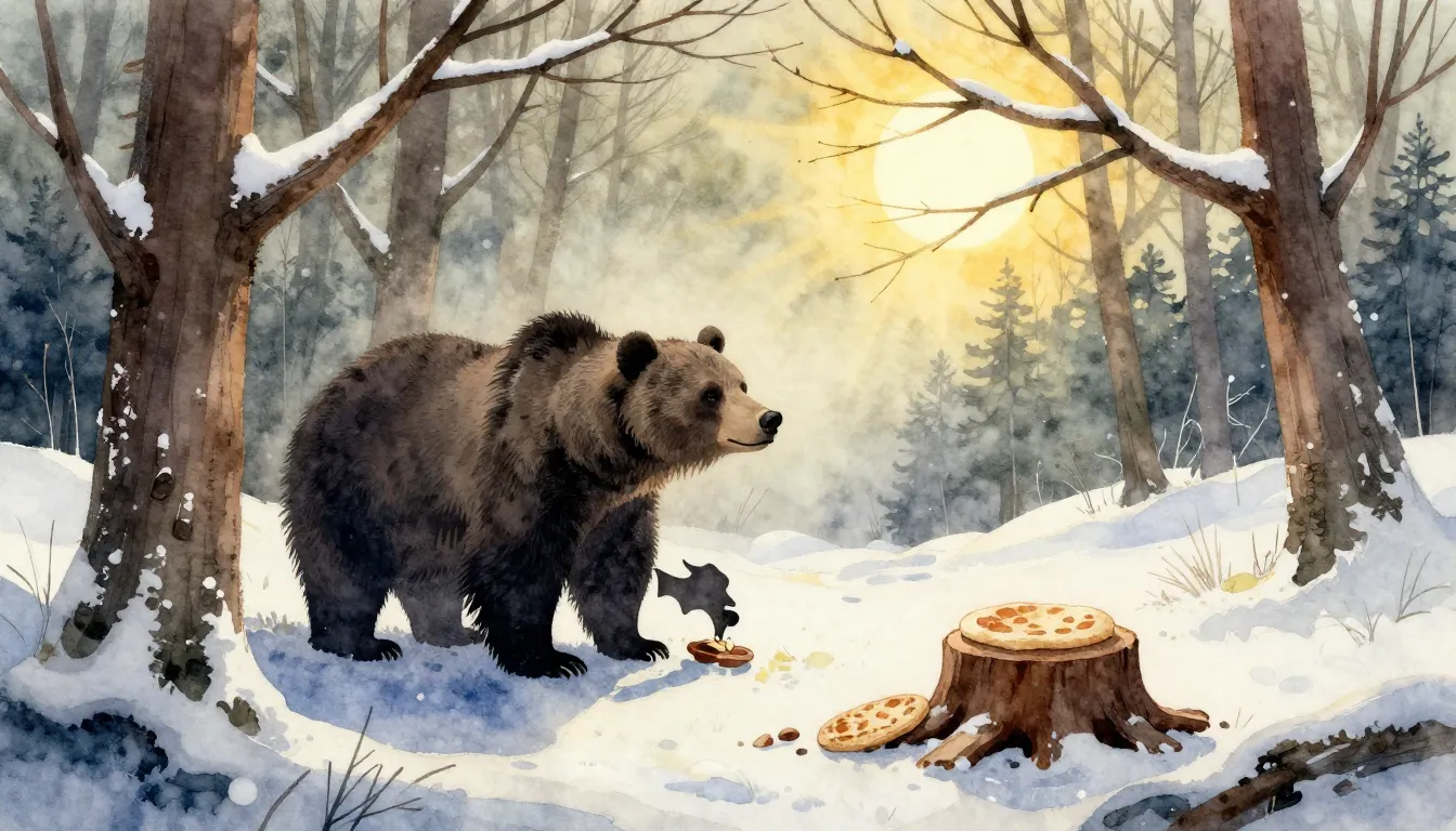 Watercolor style. Ancient Slavic forest clearing in winter, ...