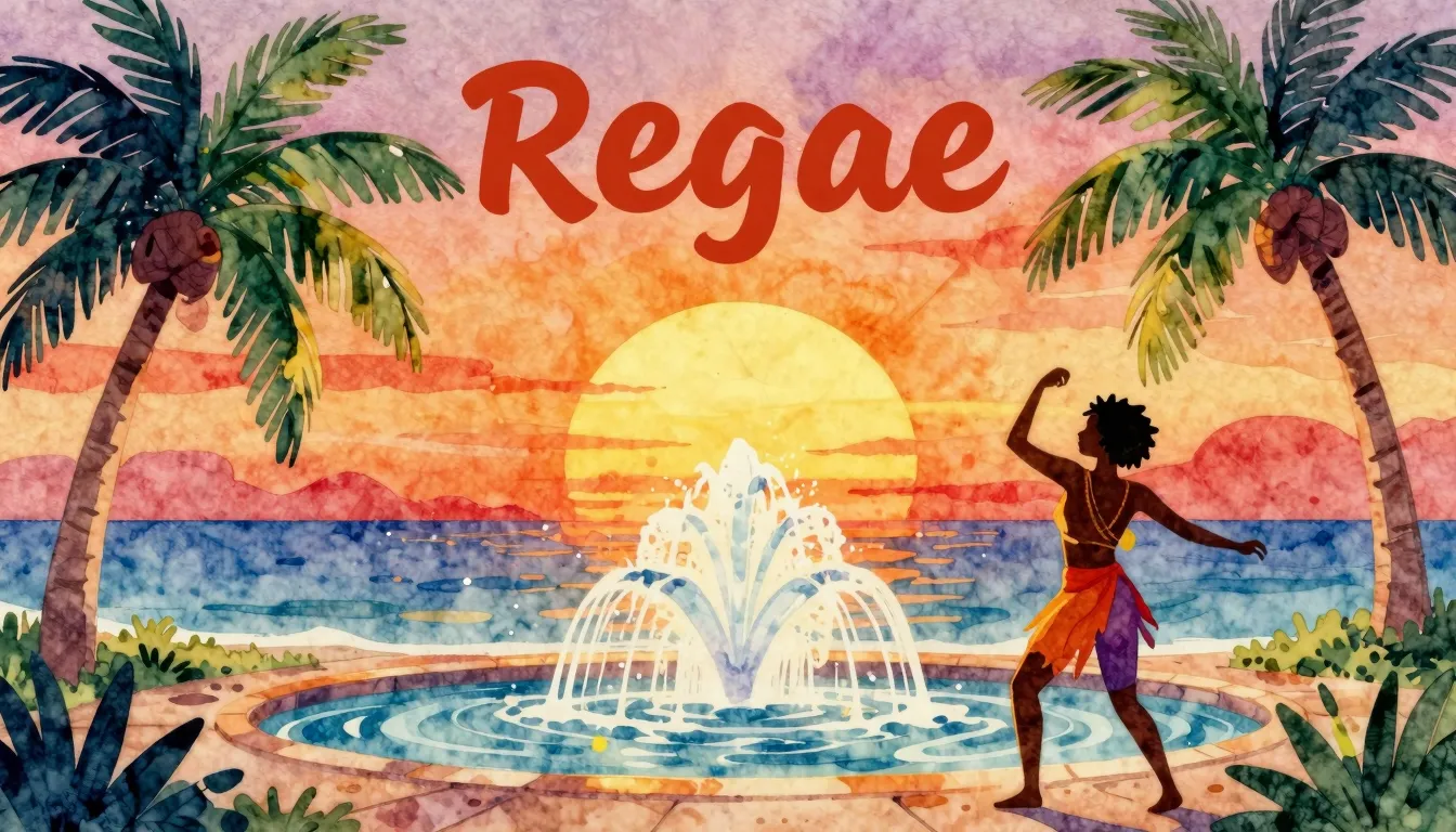Vibrant watercolor style. Reggae album cover. Warm, festive,...