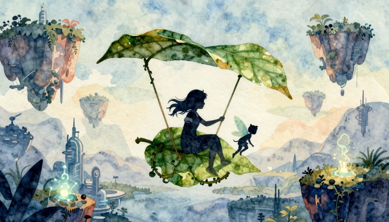 Watercolor style. A silhouette of a girl and a small fairy-l...