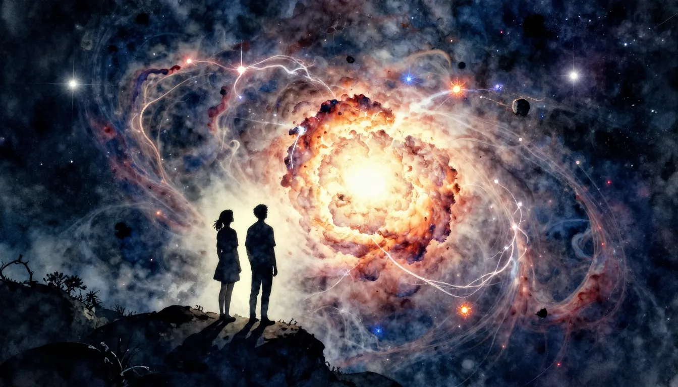 Watercolor style. A silhouette of a couple standing on the e...