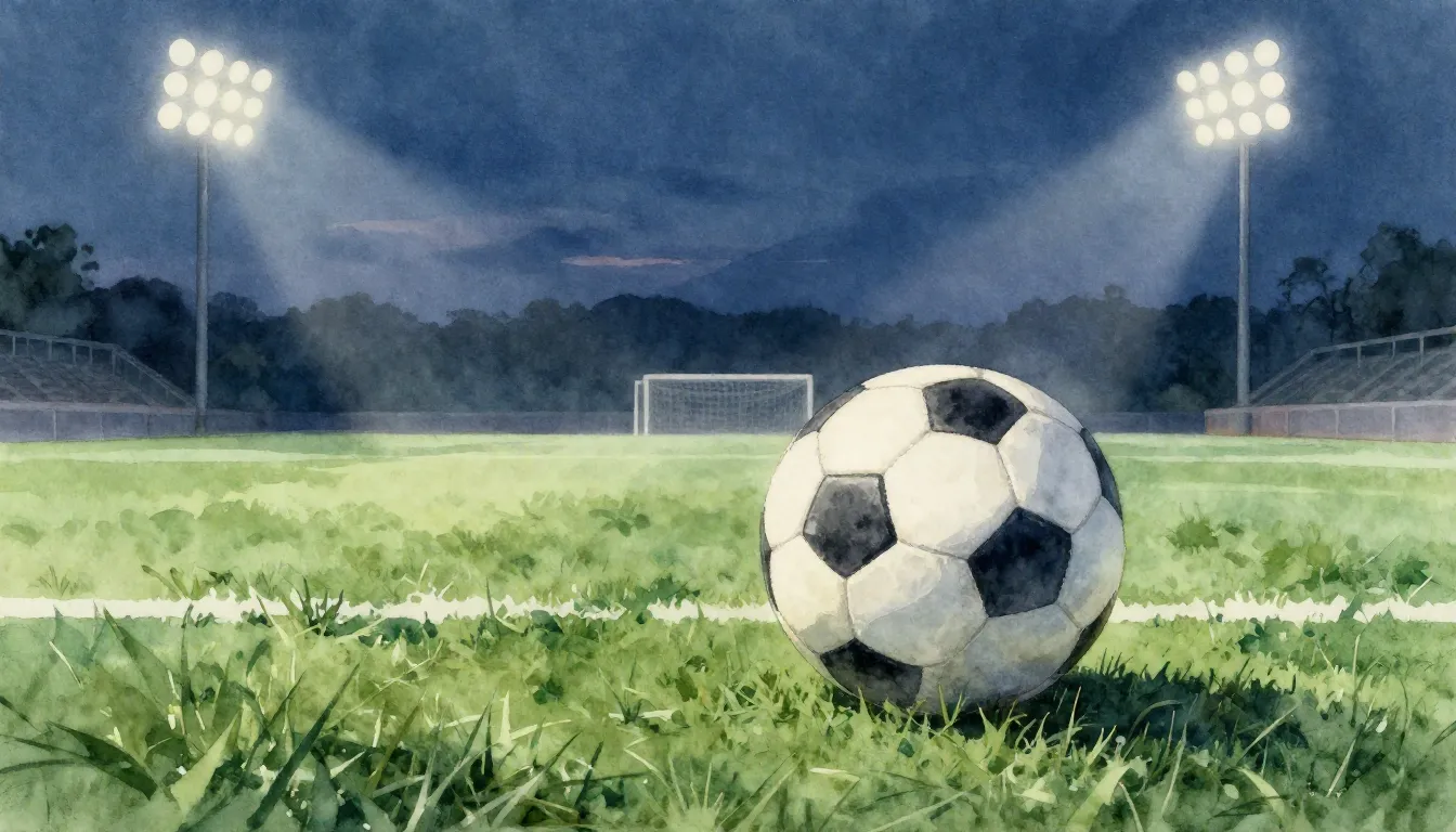 Watercolor style. A lonely soccer ball on a lush green field...