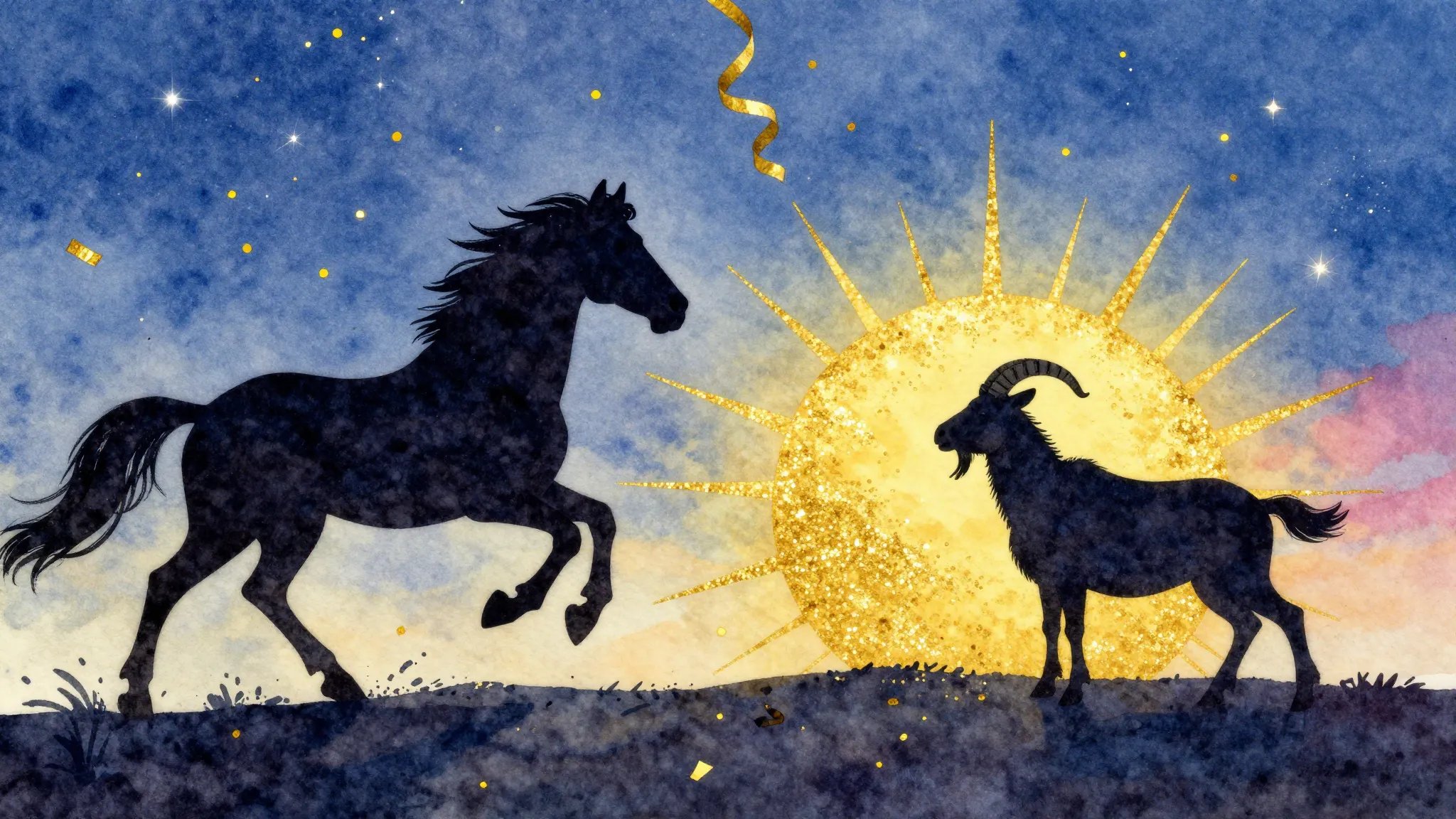 Watercolor style. A silhouette of a stylized horse gallops a...