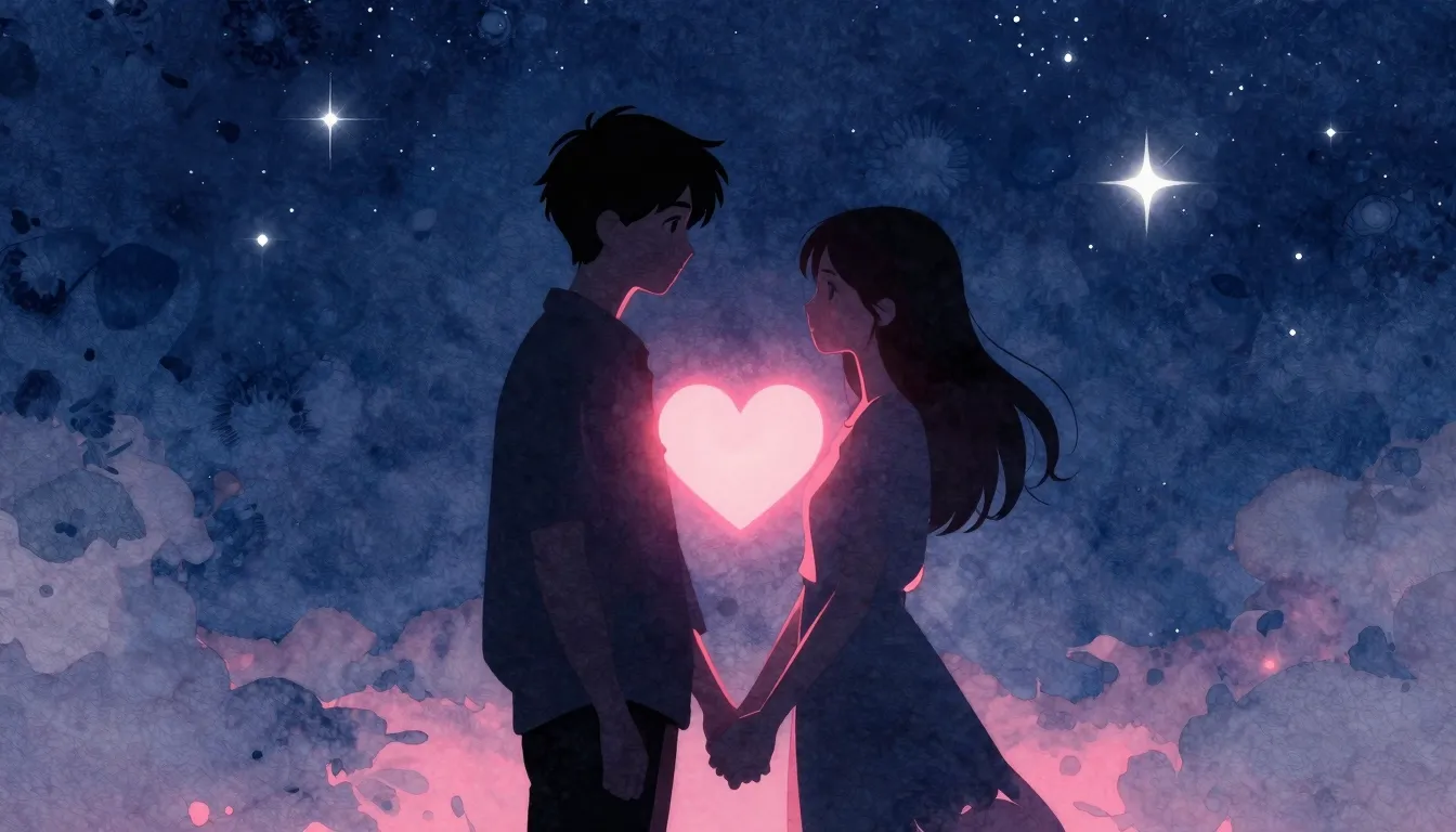Watercolor style. A silhouette of a couple standing under a ...