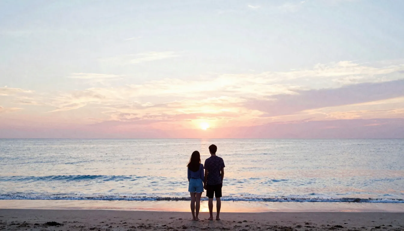 Watercolor style. Silhouette of a couple on a beach at sunse...