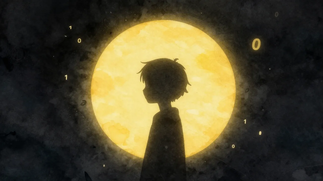 Watercolor style. A glowing yellow circle silhouette in a da...