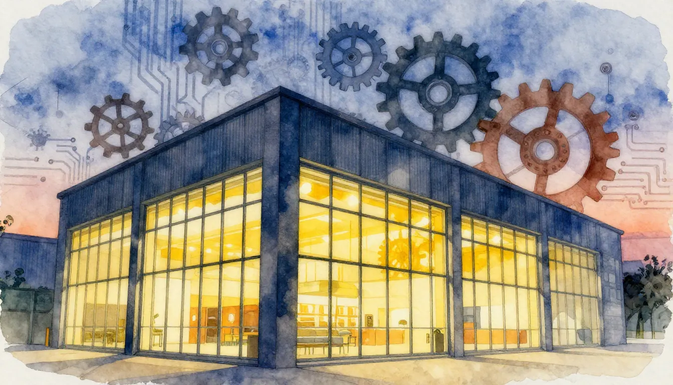 Watercolor style. A modern industrial building with large gl...