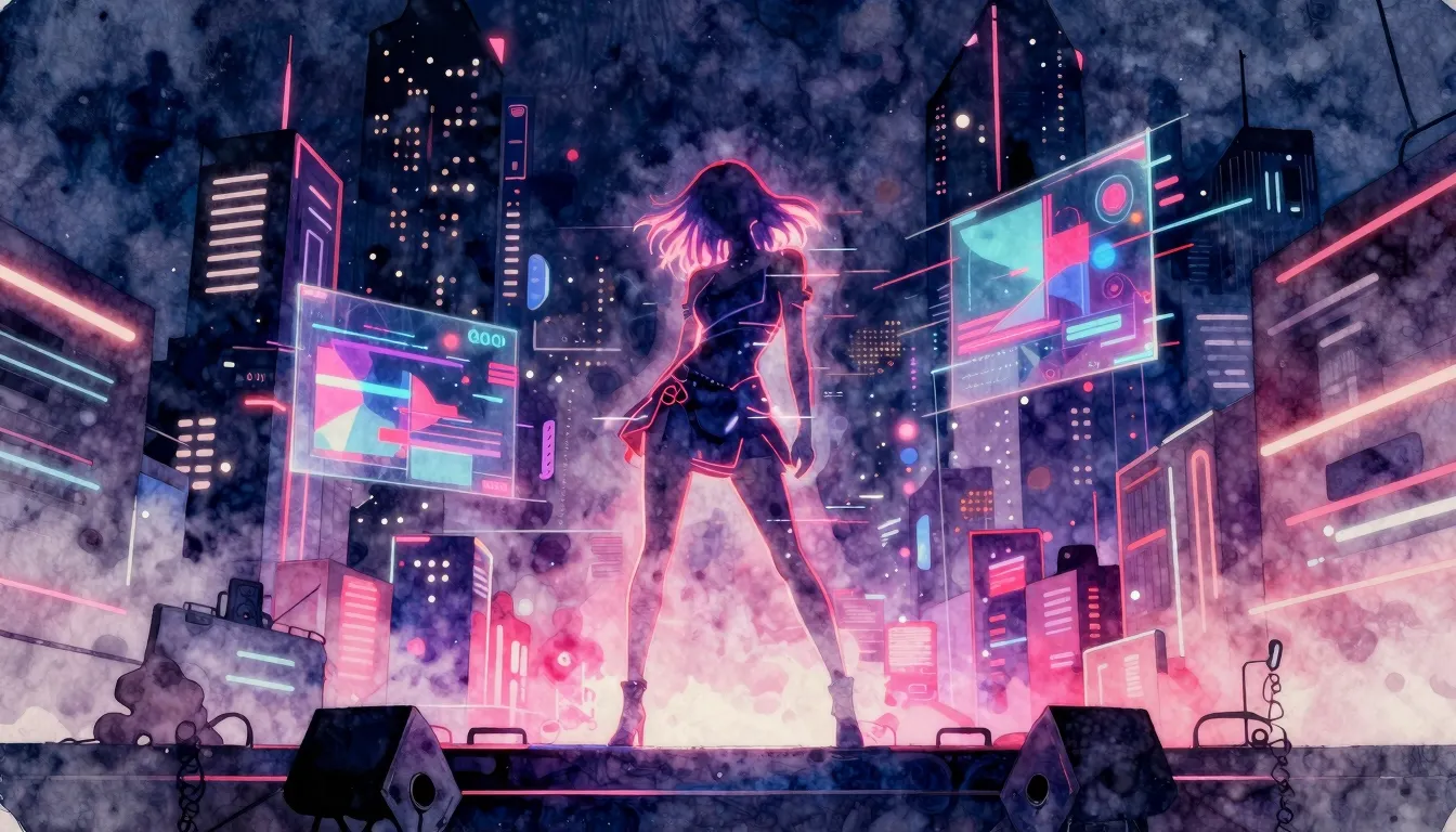 Vibrant watercolor style. Cyberpunk album cover, neon city a...