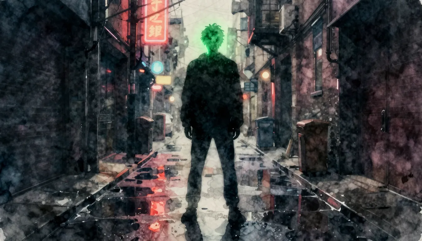 Watercolor style. A silhouette of a figure with glowing gree...