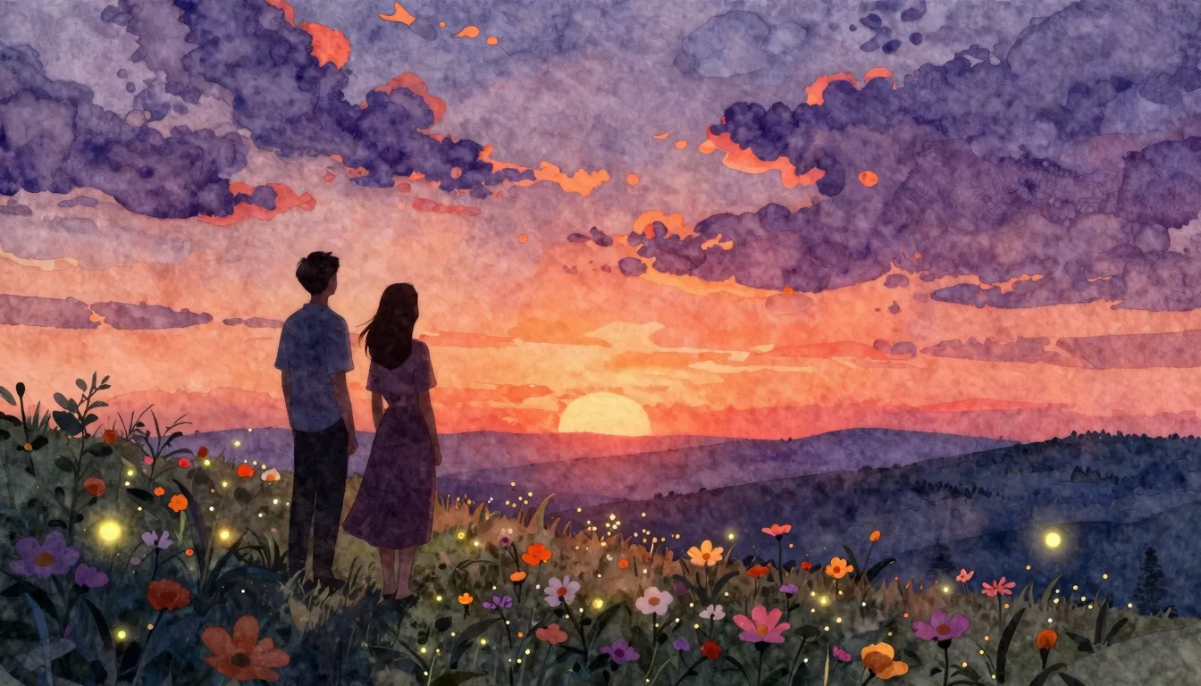 Watercolor style. A silhouette of a couple standing on a hil...