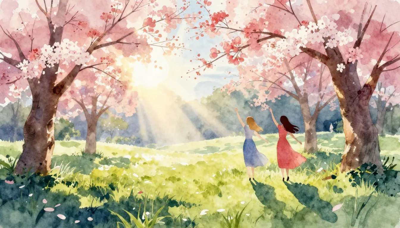 Watercolor style. Bright spring meadow with silhouettes of d...