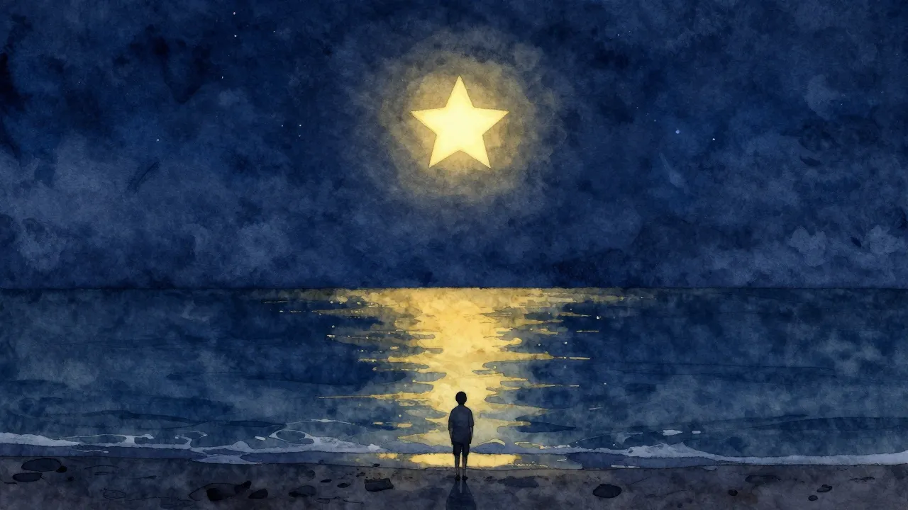 Watercolor style. A glowing single bright star in the night ...
