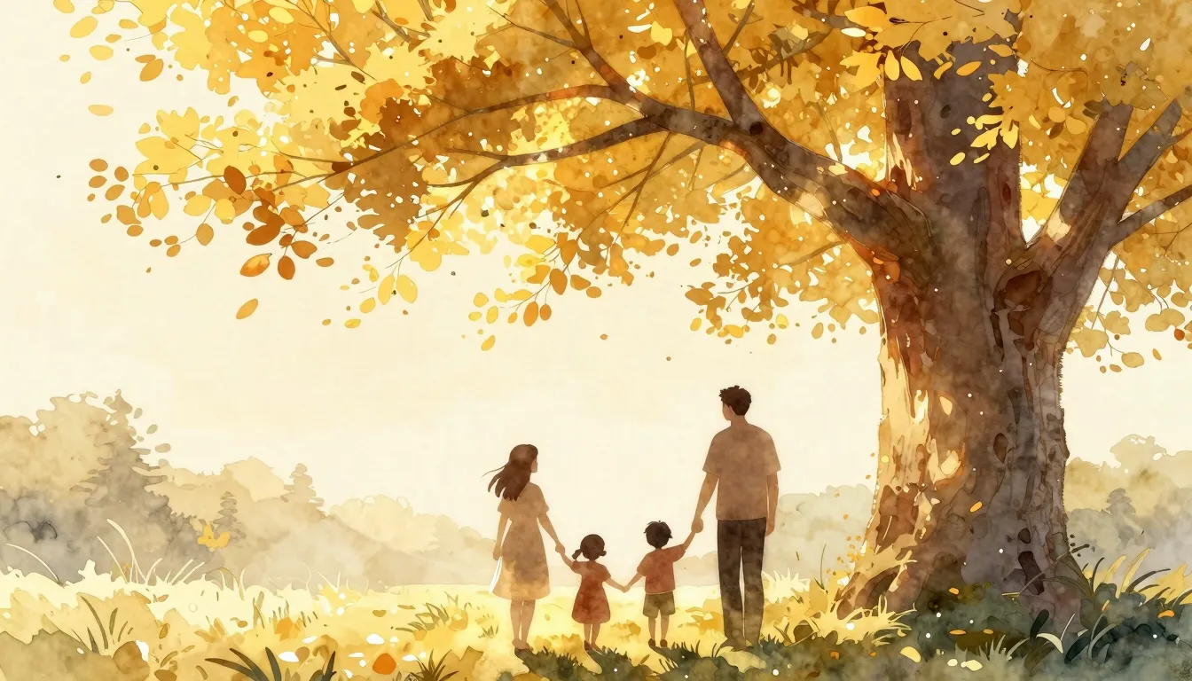Watercolor style. A warm, glowing silhouette of a family hol...