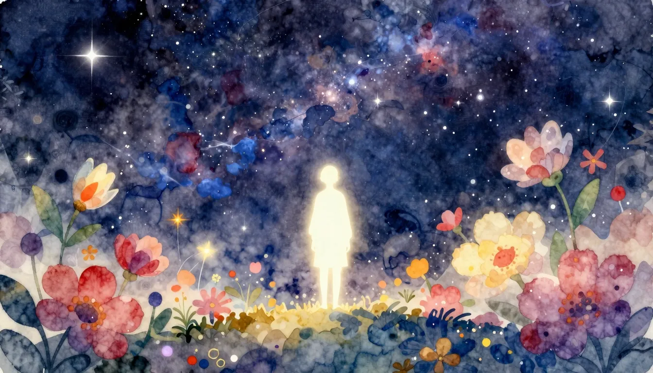Watercolor style. A glowing silhouette of a person standing ...