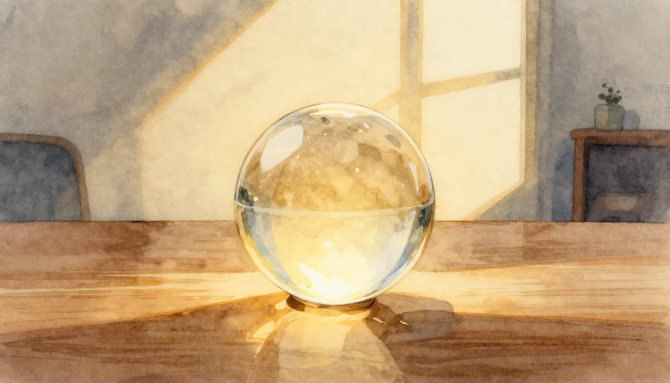 Watercolor style. A glowing glass sphere on a wooden table, ...