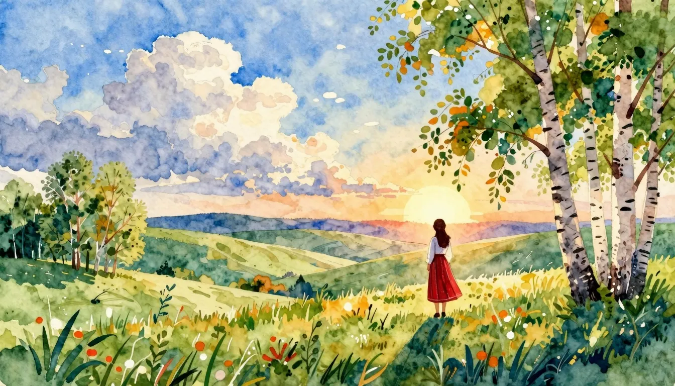 Watercolor style. A vast landscape with rolling hills and bi...