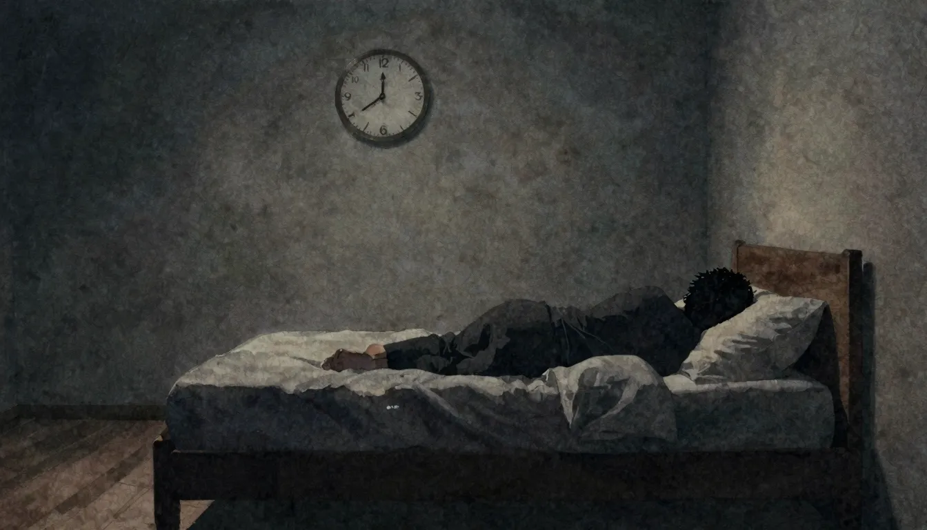 Watercolor style. Dark empty room, a bed, a wall clock showi...