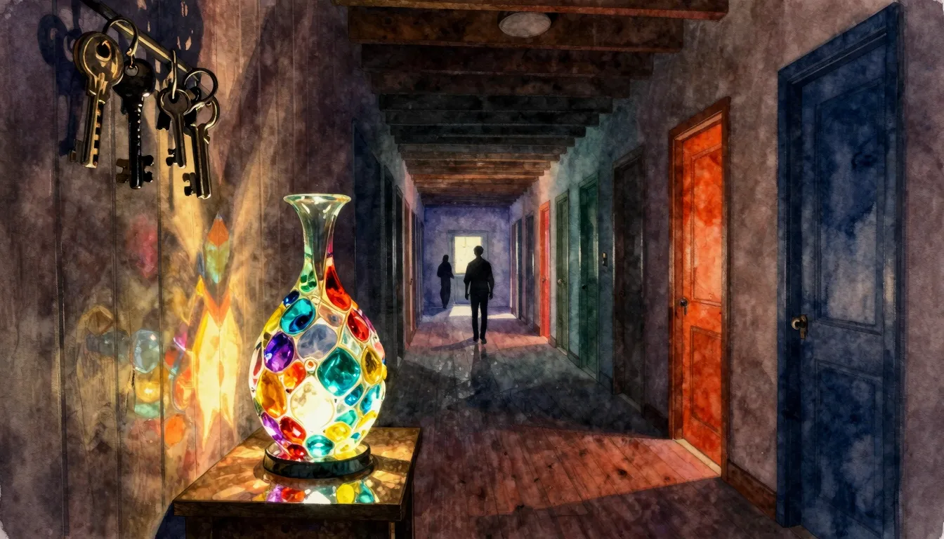 Watercolor style. A glowing colored glass sculpture in a dar...