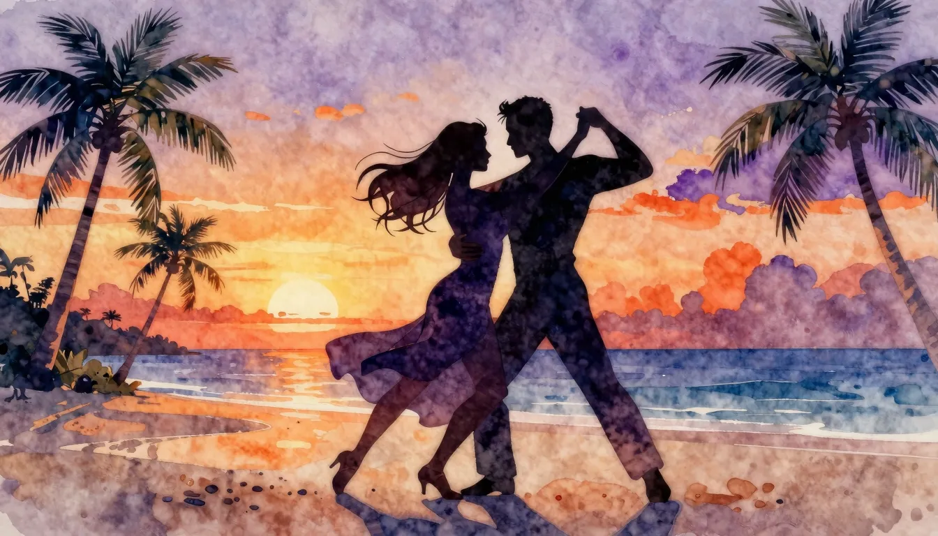 Watercolor style. A silhouette of a couple dancing salsa at ...