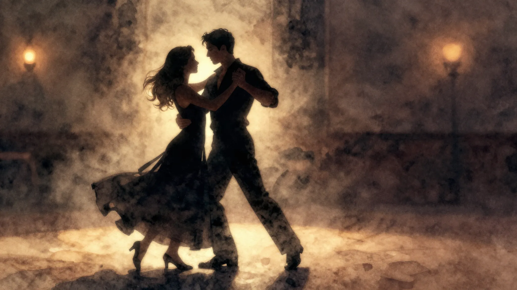 Watercolor style. Silhouette of a couple dancing in a dark r...