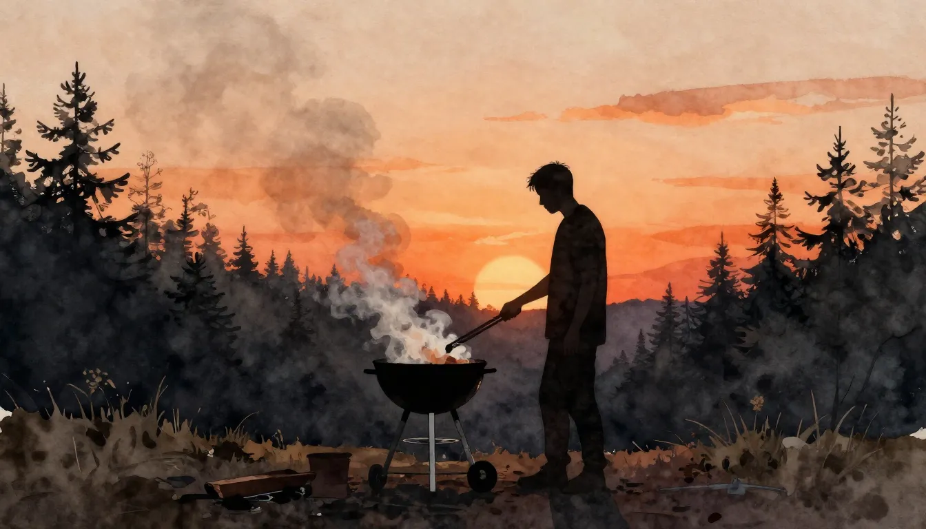 Watercolor style. Silhouette of a person standing near a smo...