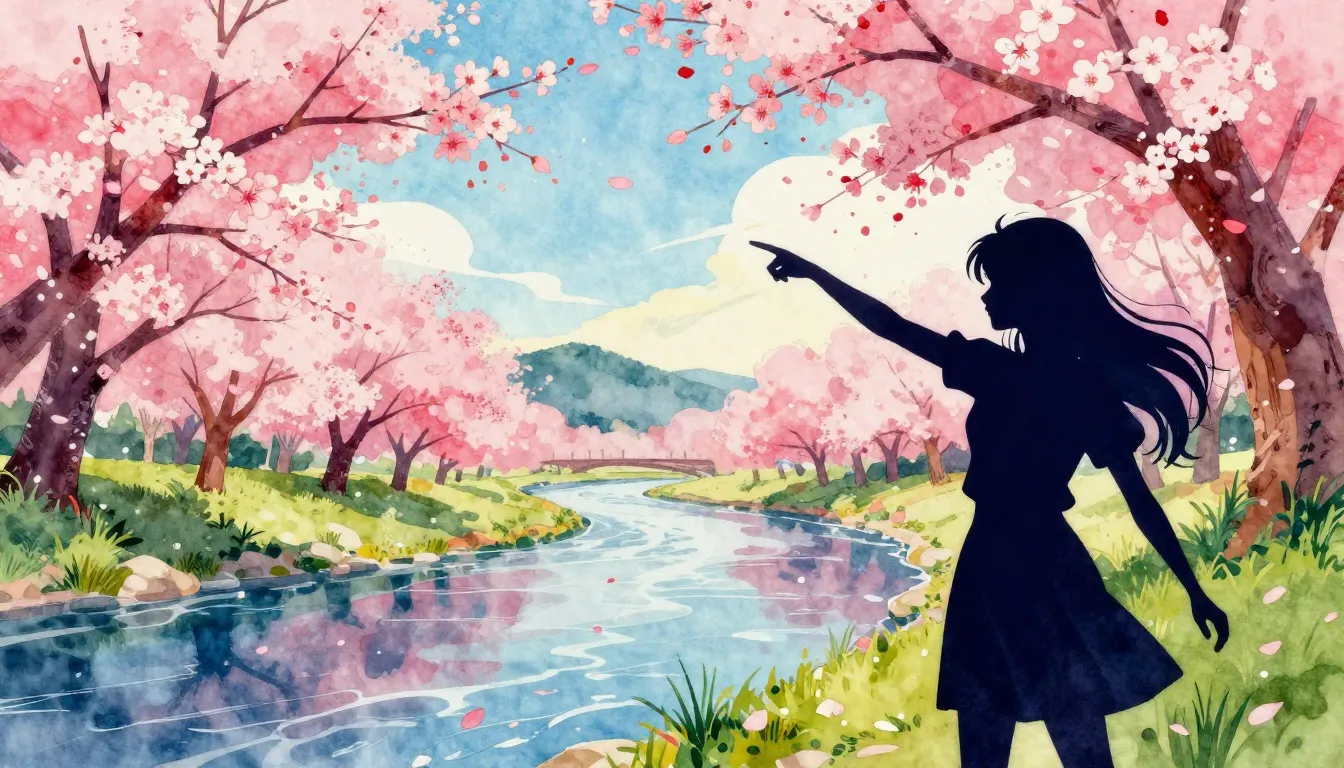 Vibrant watercolor style. Cherry blossom, river, silhouette ...