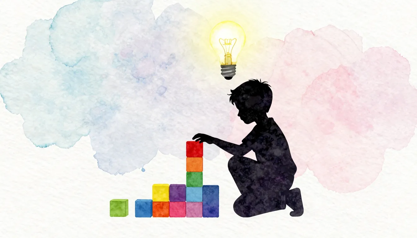 Watercolor style. Silhouette of a small boy playing with col...