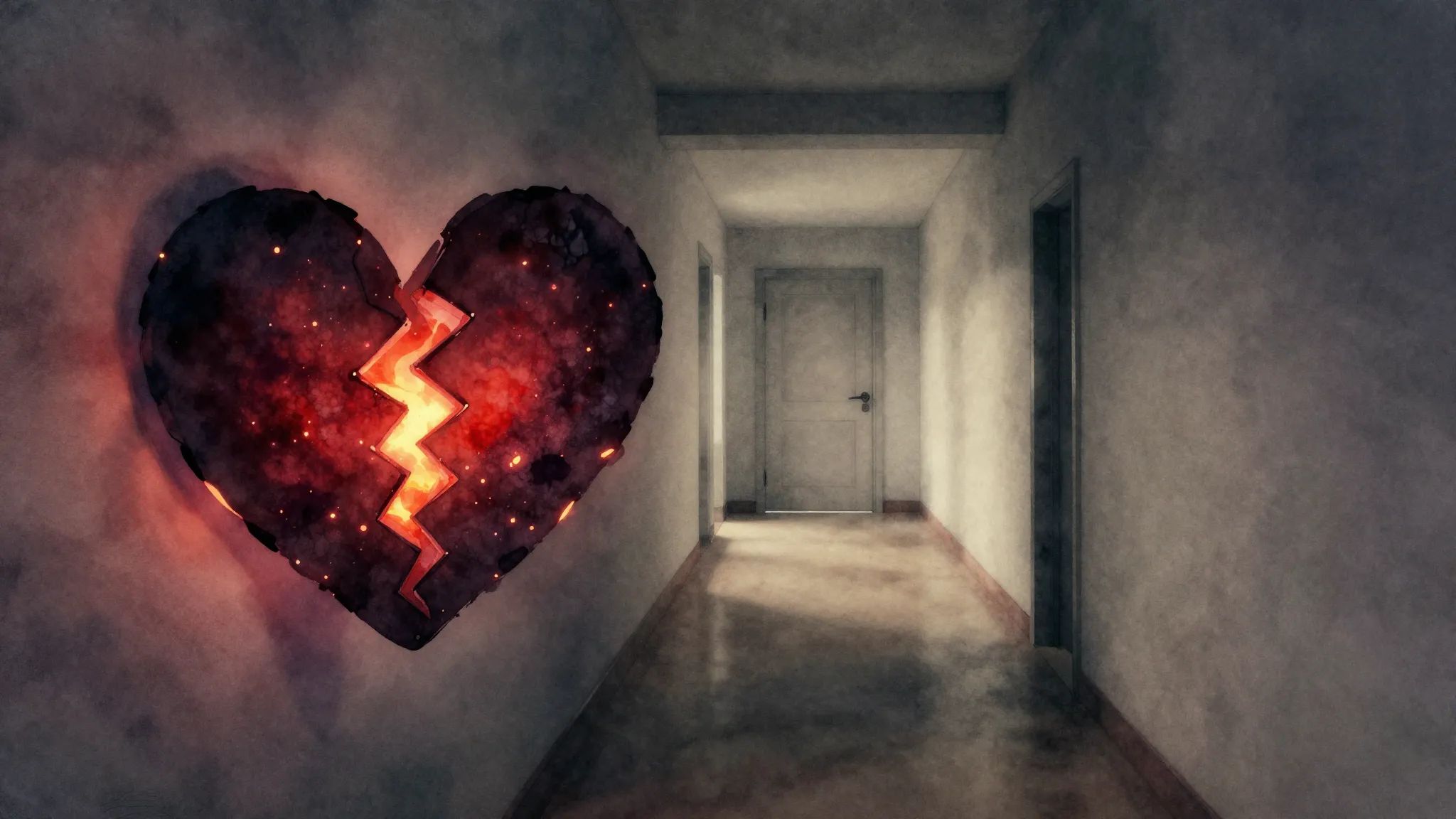 Watercolor style. A dark silhouette of a broken heart with g...