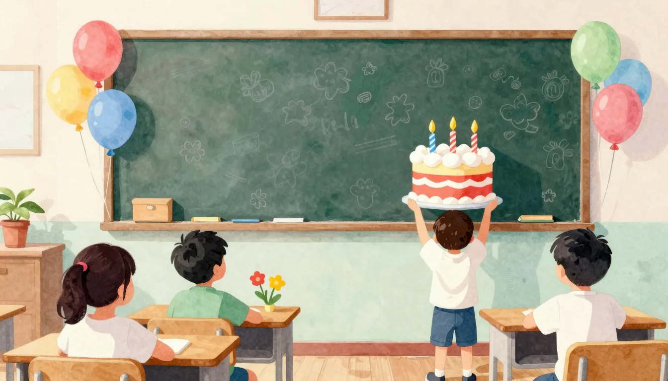 Watercolor style. A bright sunny classroom with a blackboard...