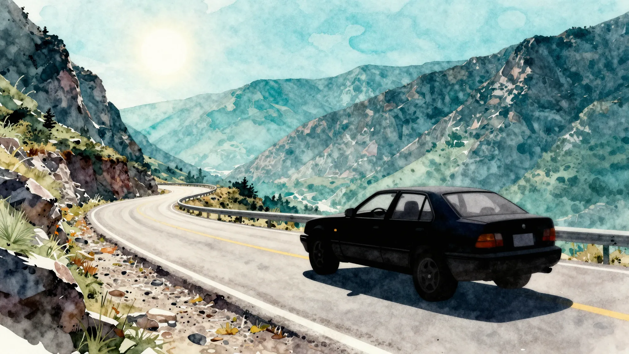 Watercolor style. A high-contrast silhouette of a rugged car...