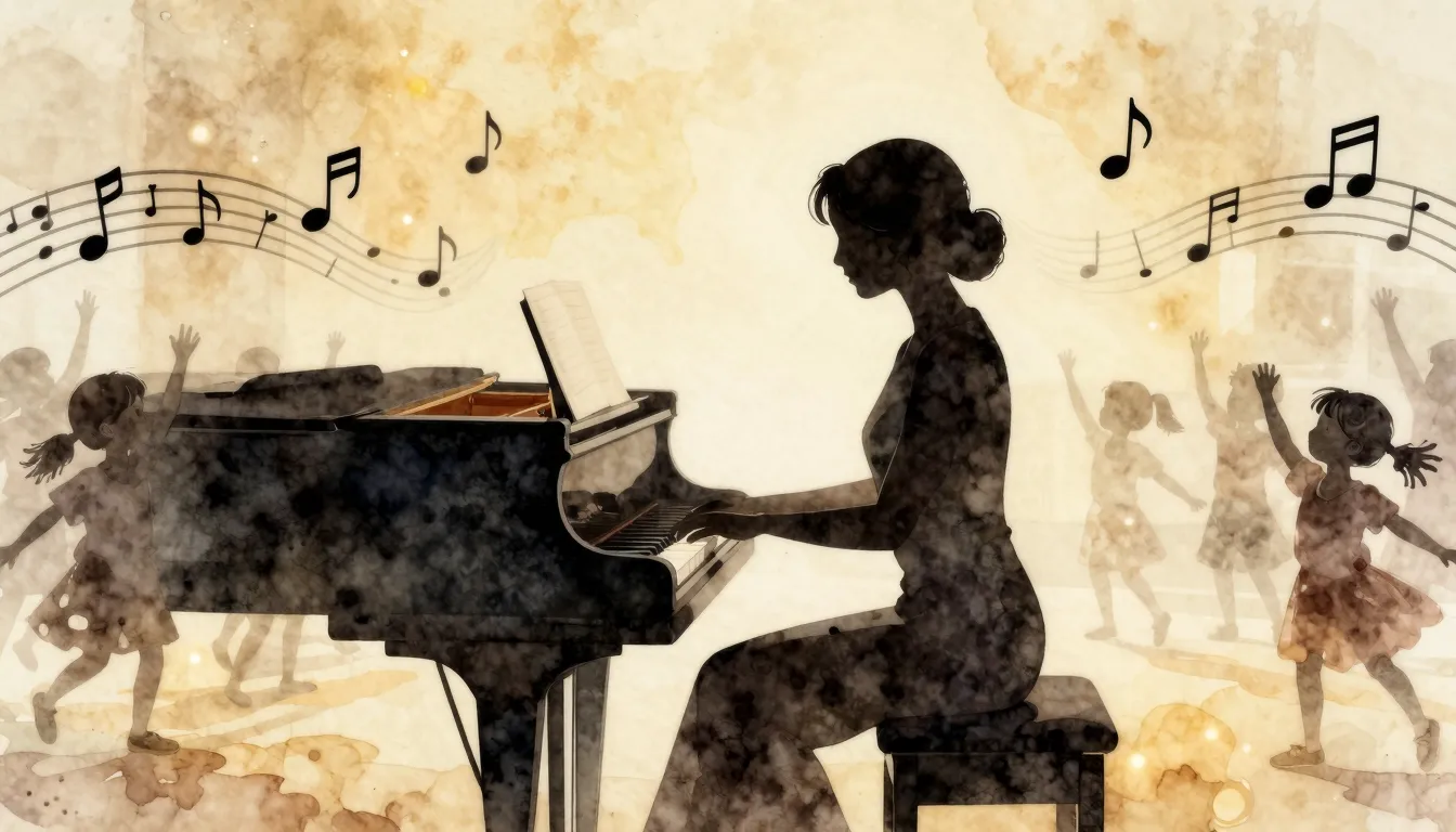 Watercolor style. Silhouette of a teacher playing a piano, s...