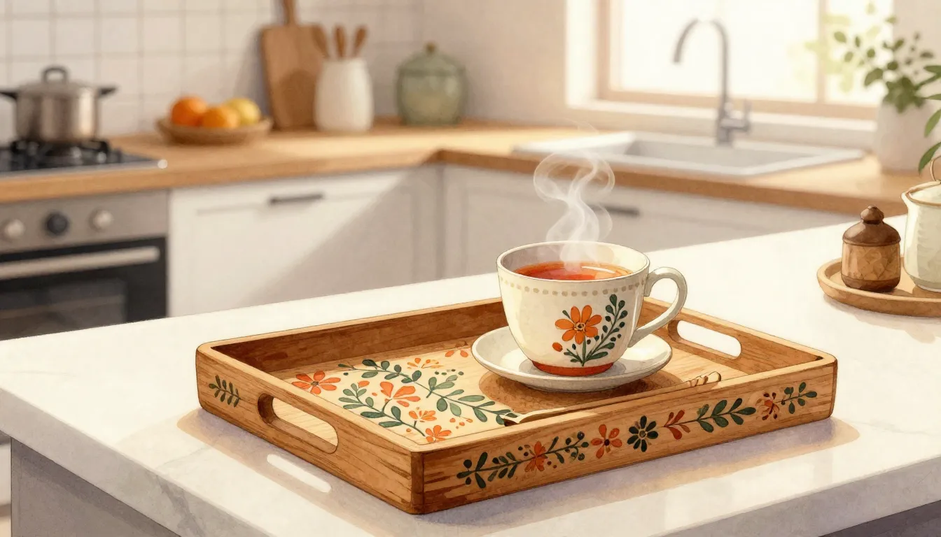 Watercolor style. A cozy modern kitchen interior with a trad...