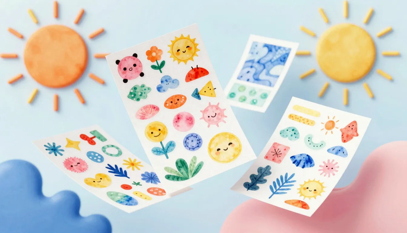 Watercolor style. A vibrant summer scene with colorful stick...