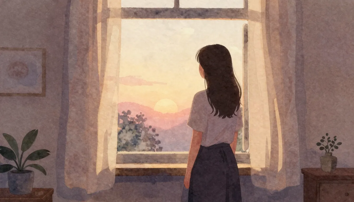 Watercolor style. A silhouette of a woman standing in a warm...