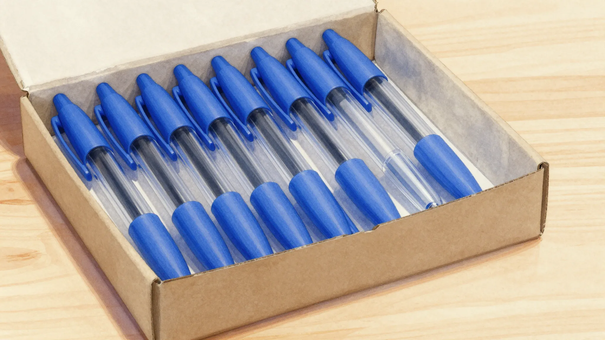 Watercolor style. A cardboard box containing 50 blue ballpoi...