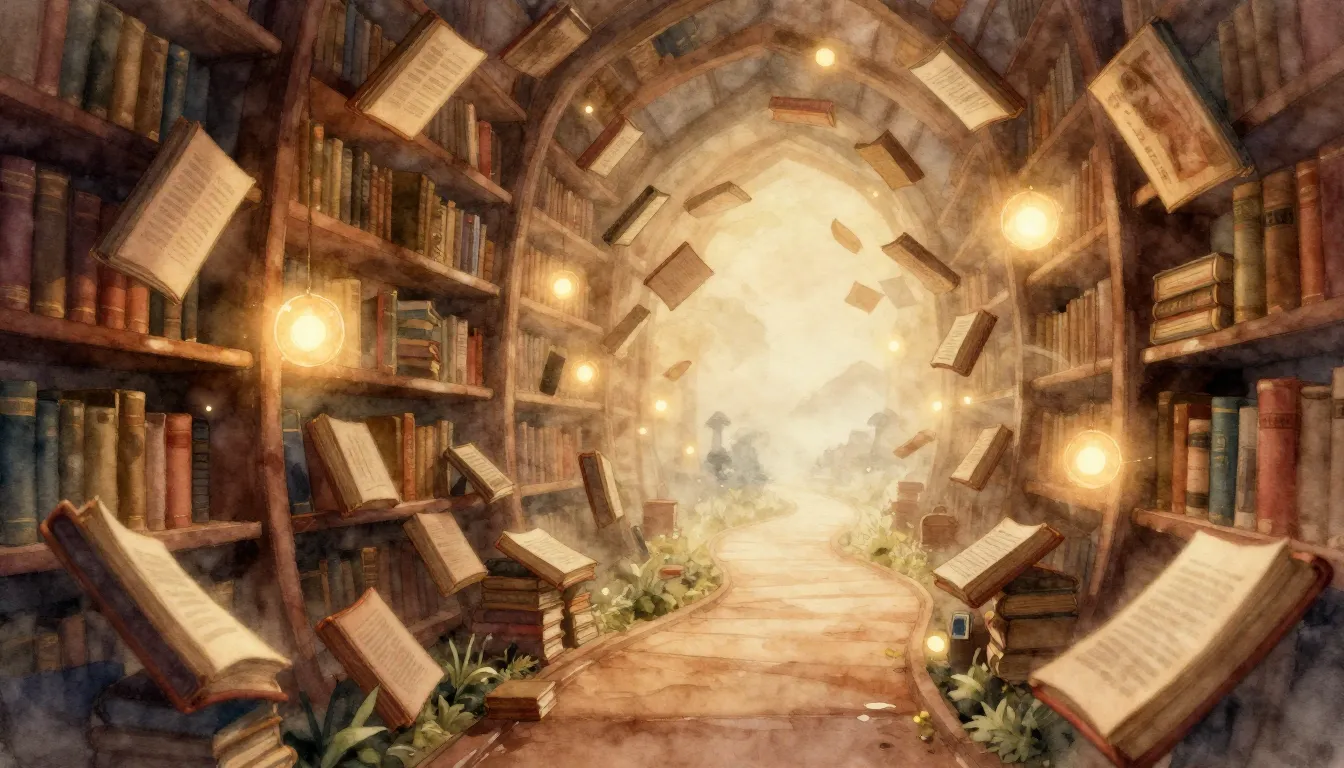 Watercolor style. A mystical library with floating books and...