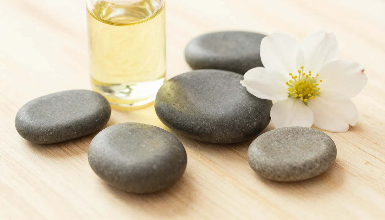 Watercolor style. Close-up of smooth massage stones, a glass...