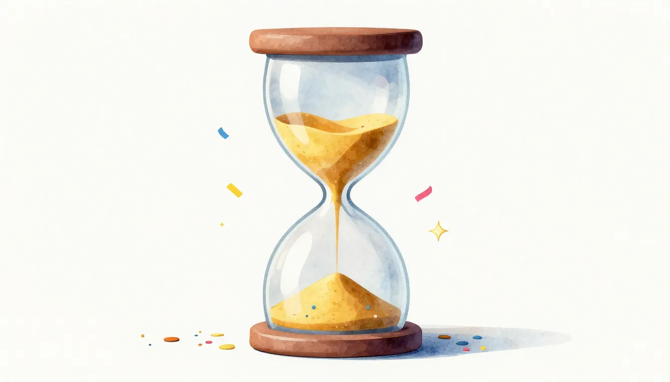 Watercolor style. A stylized hourglass where sand turns into...