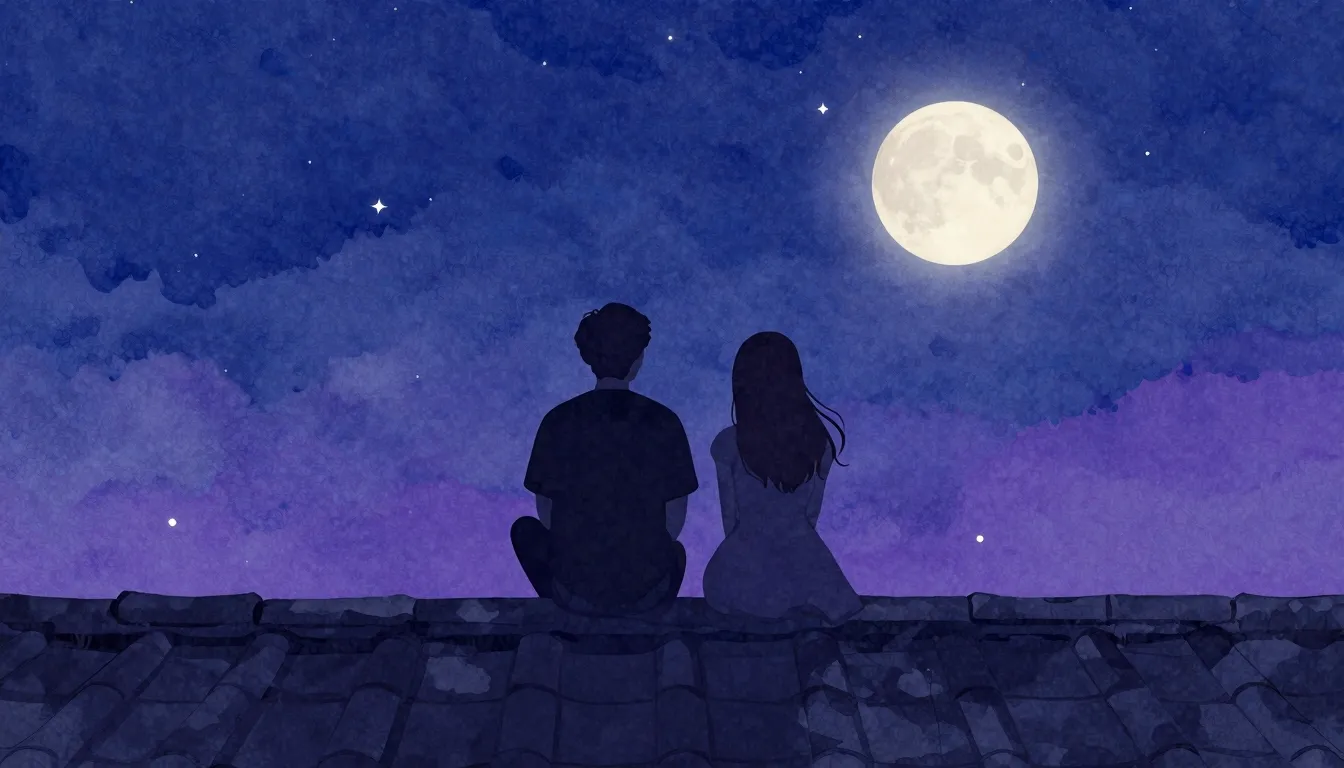 Watercolor style. A silhouette of a couple sitting on a roof...
