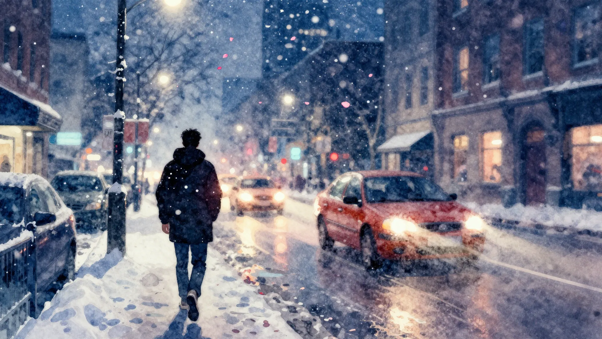 Vibrant watercolor style. Hip-hop album cover. Winter city n...