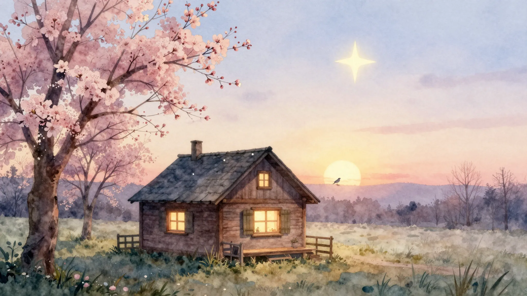 Watercolor style. A gentle spring sunrise over a cozy wooden...