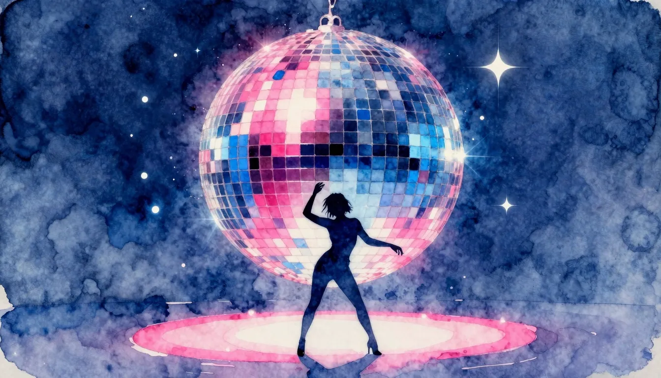 Watercolor style. A vibrant disco ball reflecting neon pink ...