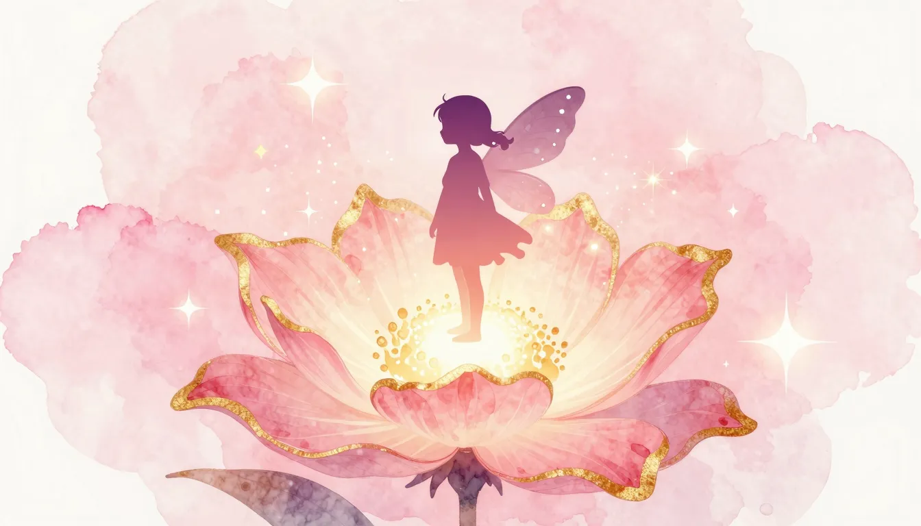 Watercolor style. A silhouette of a tiny girl with fairy win...
