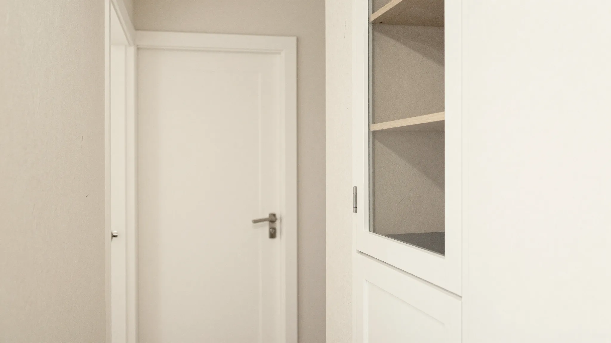 Watercolor style. A minimalist interior scene of a hallway w...