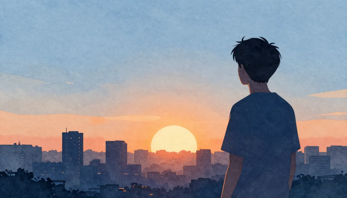 Watercolor style. Silhouette of a young man looking at a bri...