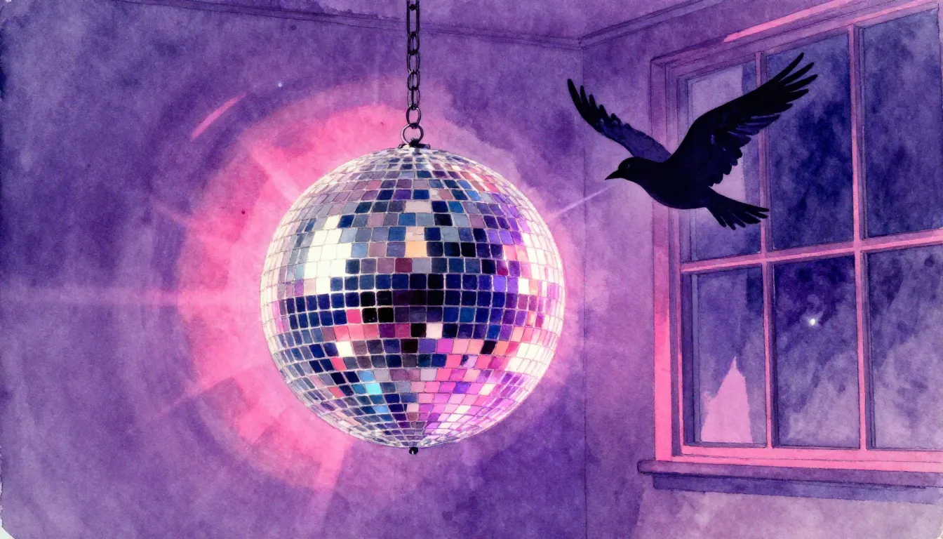 Watercolor style. A glowing disco ball reflecting light onto...