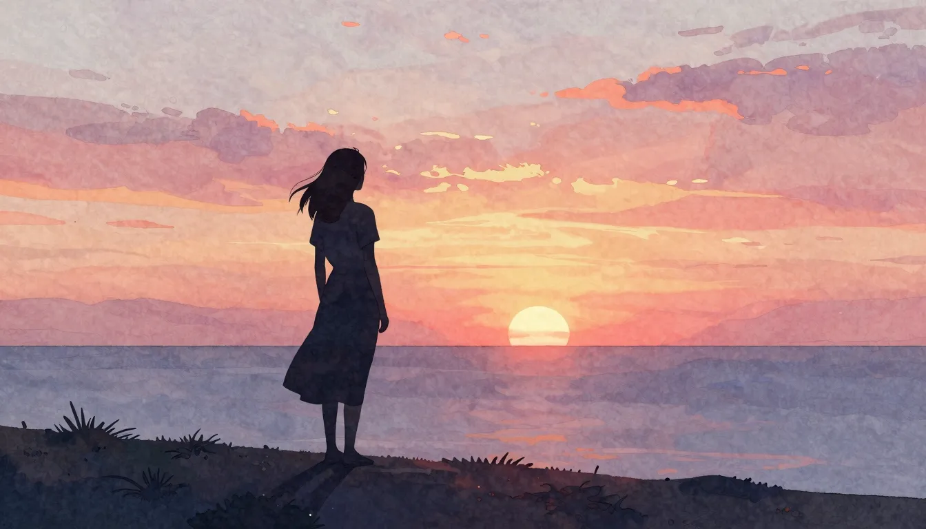 Watercolor style. A silhouette of a woman standing on a hill...