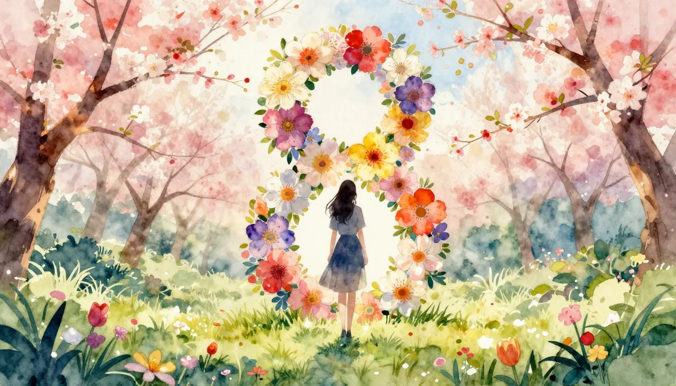 Watercolor style. A silhouette of a woman standing in a bloo...